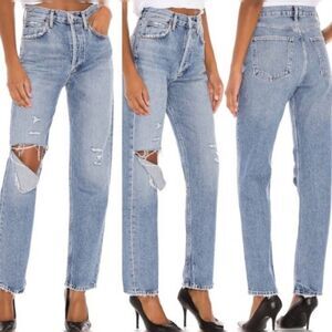 AGOLDE 90s Pinch Waist High Rise Straight Jeans 25  Distressed Light Wash Denim